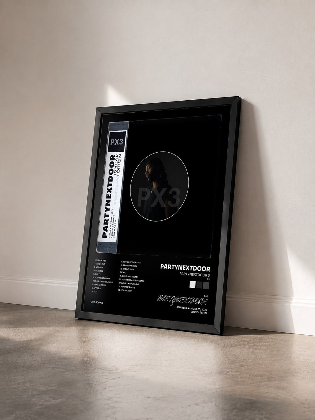#noir Tableau de l'album PARTYNEXTDOOR 3 (P3) [10-YEAR EDITION] de PARTYNEXTDOOR vu de trois quarts, cadre noir