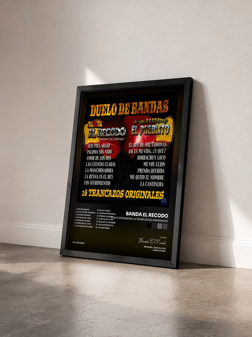 #noir Duelo di Bandas: 14 Trancazos Originales de Banda El Recodo in stampa incorniciata vista di tre quarti, cornice nera