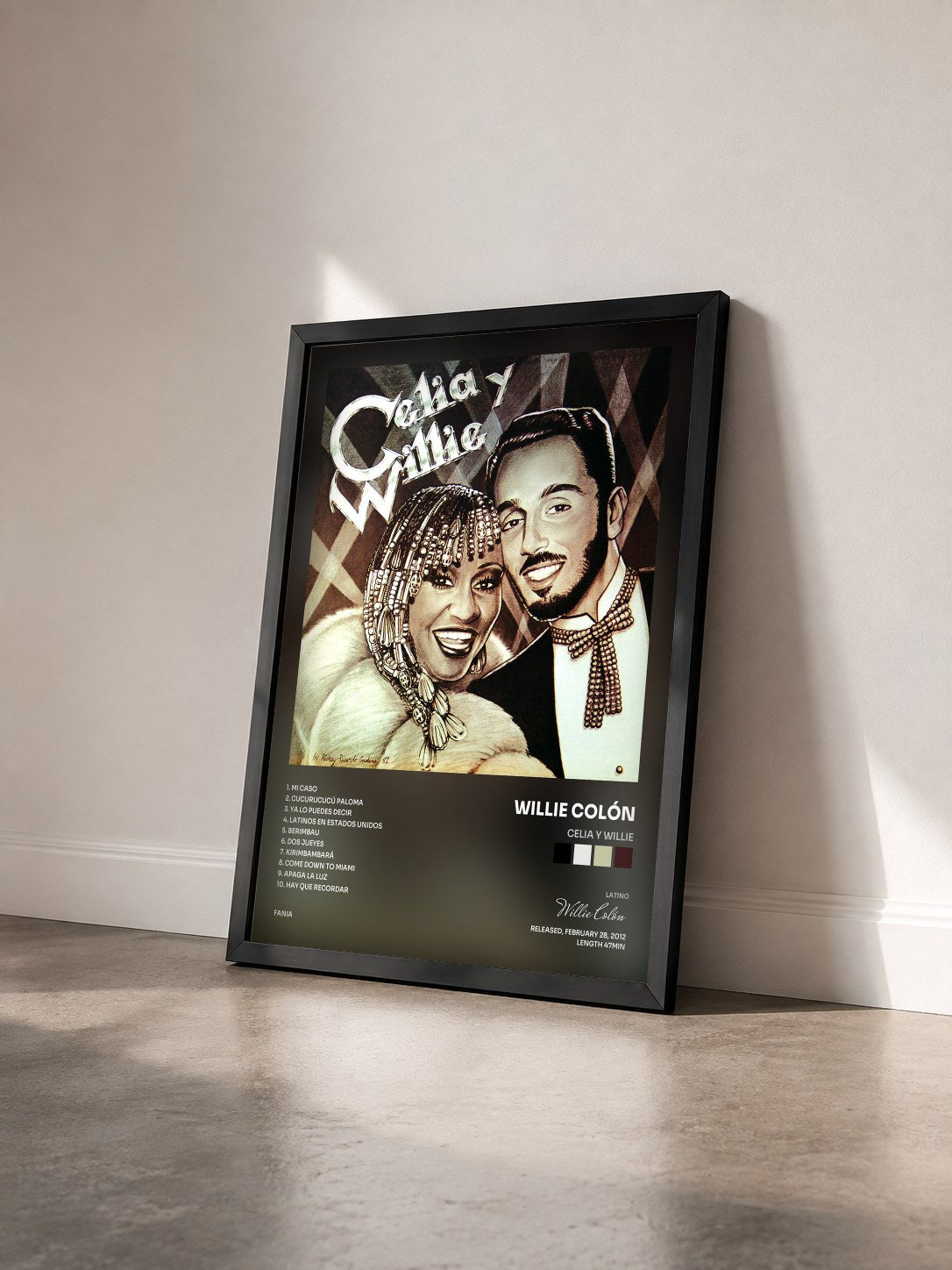 #noir Tableau de l'album Celia y Willie de Willie Colón vu de trois quarts, cadre noir