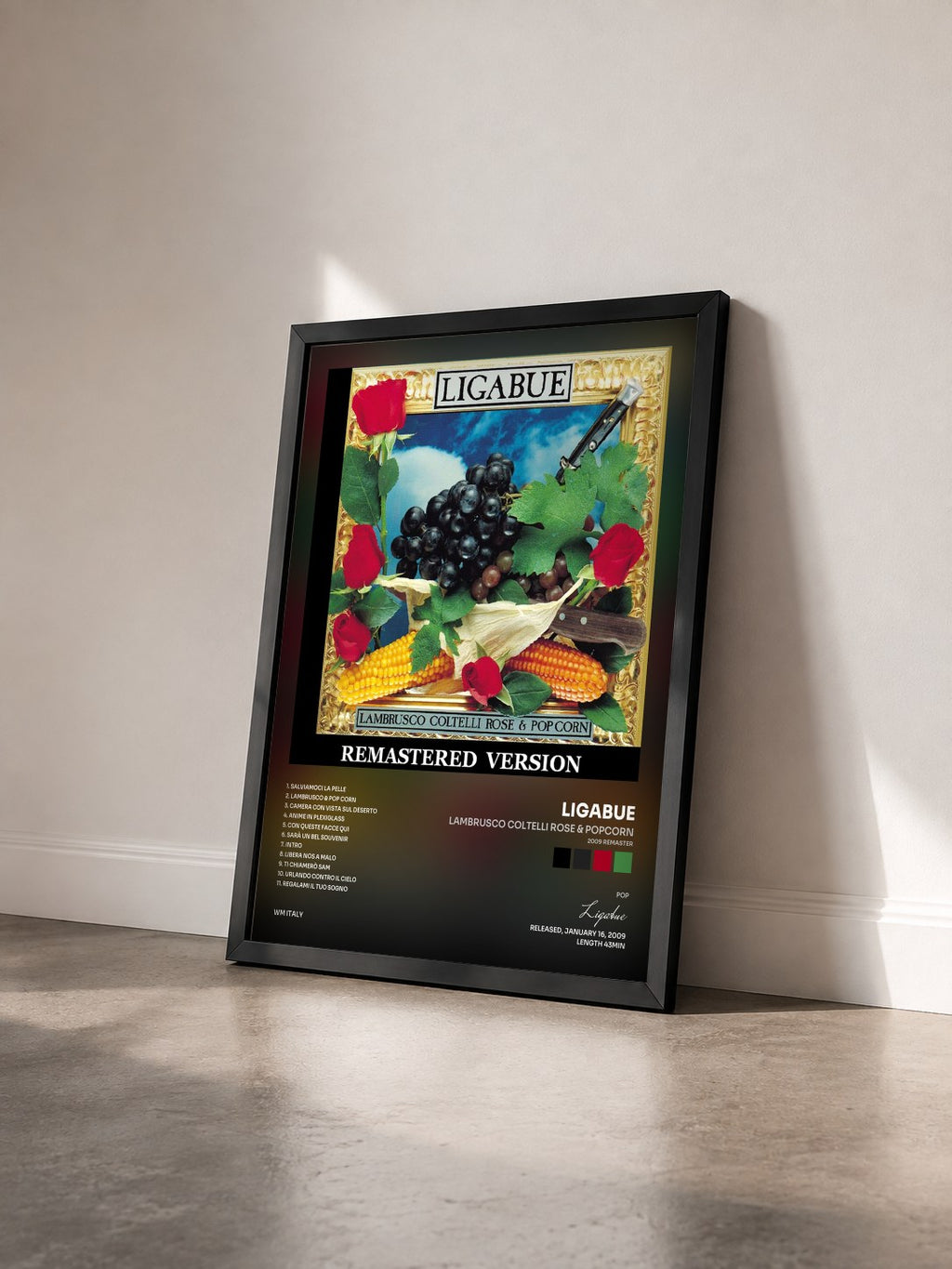 #noir Tableau de l'album Lambrusco coltelli rose & popcorn (2009 Remaster) de Ligabue vu de trois quarts, cadre noir