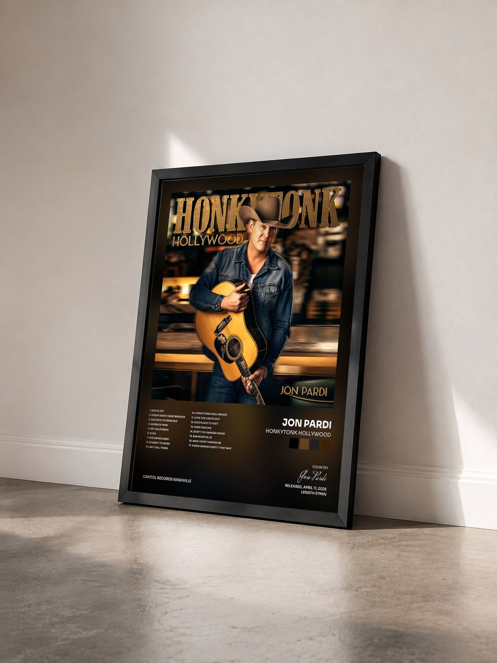 #noir Tableau de l'album Honkytonk Hollywood de Jon Pardi vu de trois quarts, cadre noir