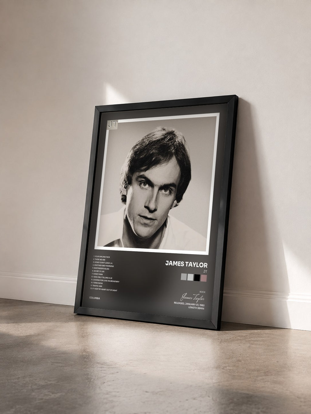 #noir Tableau de l'album JT de James Taylor vu de trois quarts, cadre noir