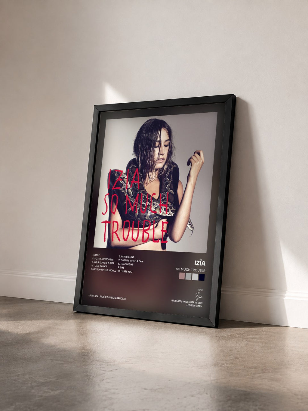 #noir Tableau de l'album So Much Trouble de Izïa vu de trois quarts, cadre noir