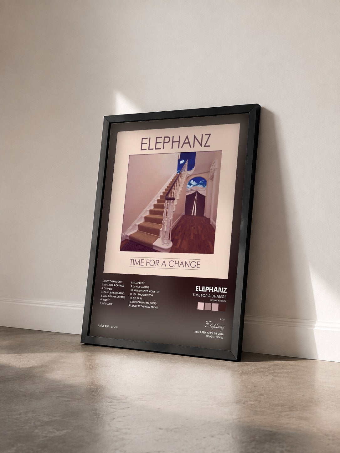 #noir Tableau de l'album TIME FOR A CHANGE (Deluxe Edition) de Elephanz vu de trois quarts, cadre noir