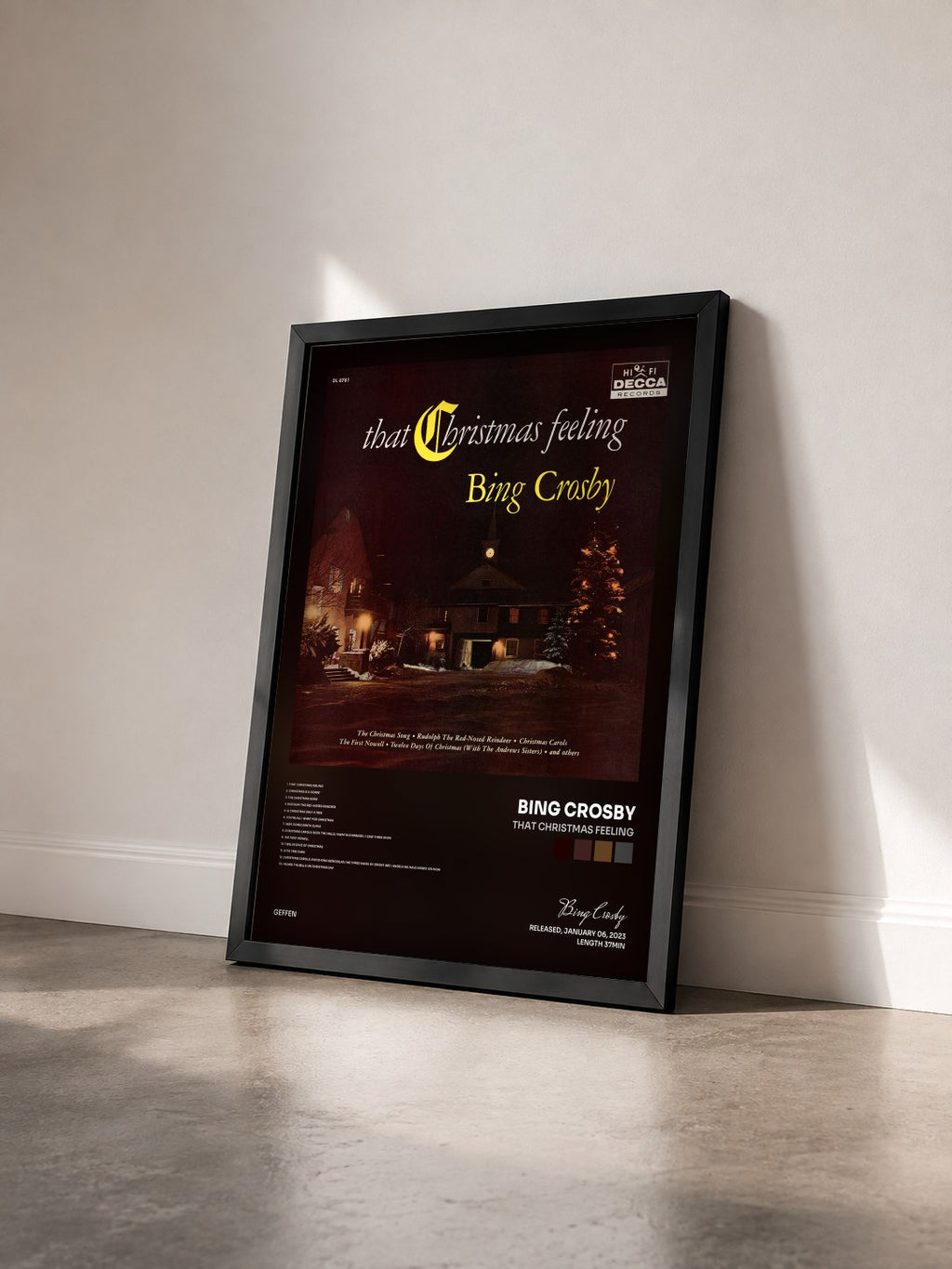 #noir Tableau de l'album That Christmas Feeling de Bing Crosby vu de trois quarts, cadre noir