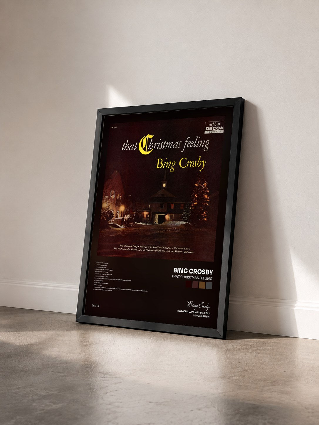 #noir Tableau de l'album That Christmas Feeling de Bing Crosby vu de trois quarts, cadre noir
