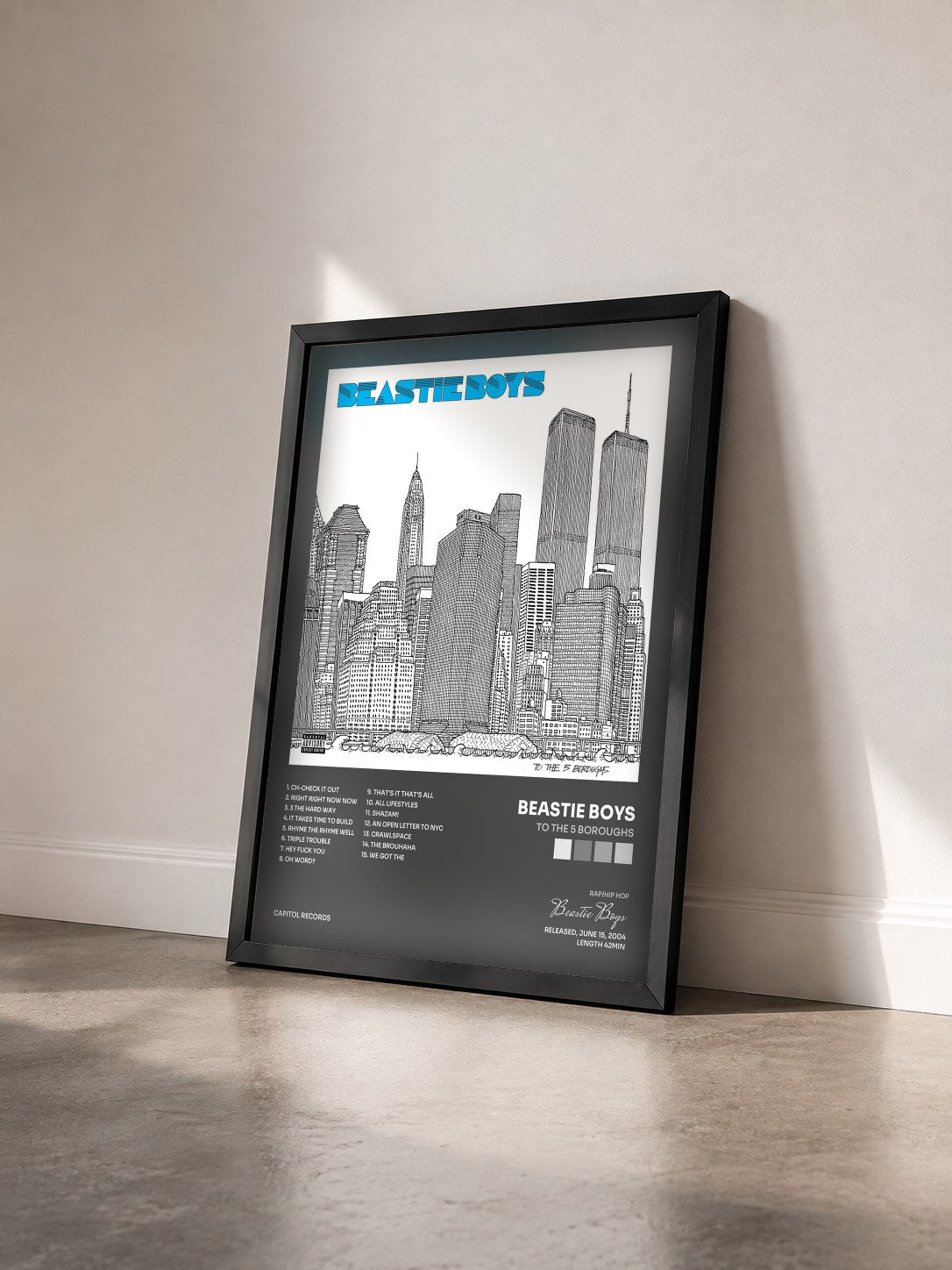 #noir Tableau de l'album To The 5 Boroughs de Beastie Boys vu de trois quarts, cadre noir