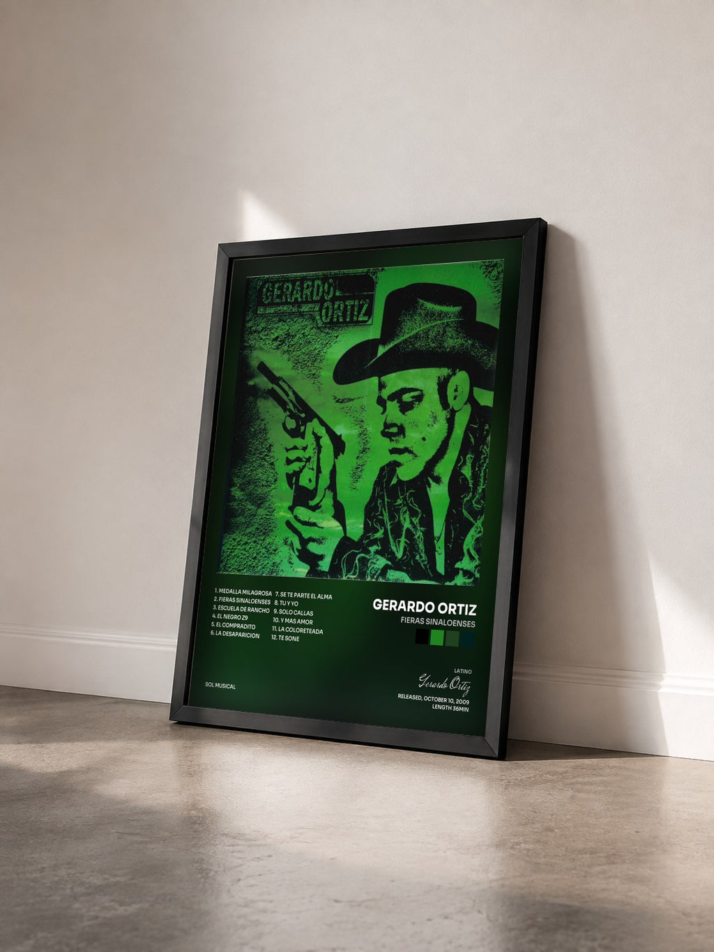 #noir Tableau de l'album Fieras Sinaloenses de Gerardo Ortiz vu de trois quarts, cadre noir