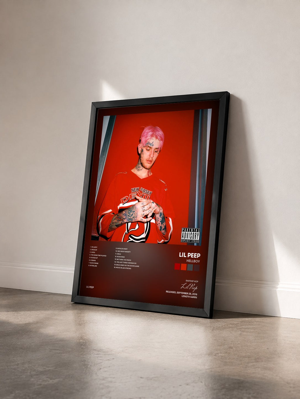 #noir Tableau de l'album HELLBOY de Lil Peep vu de trois quarts, cadre noir