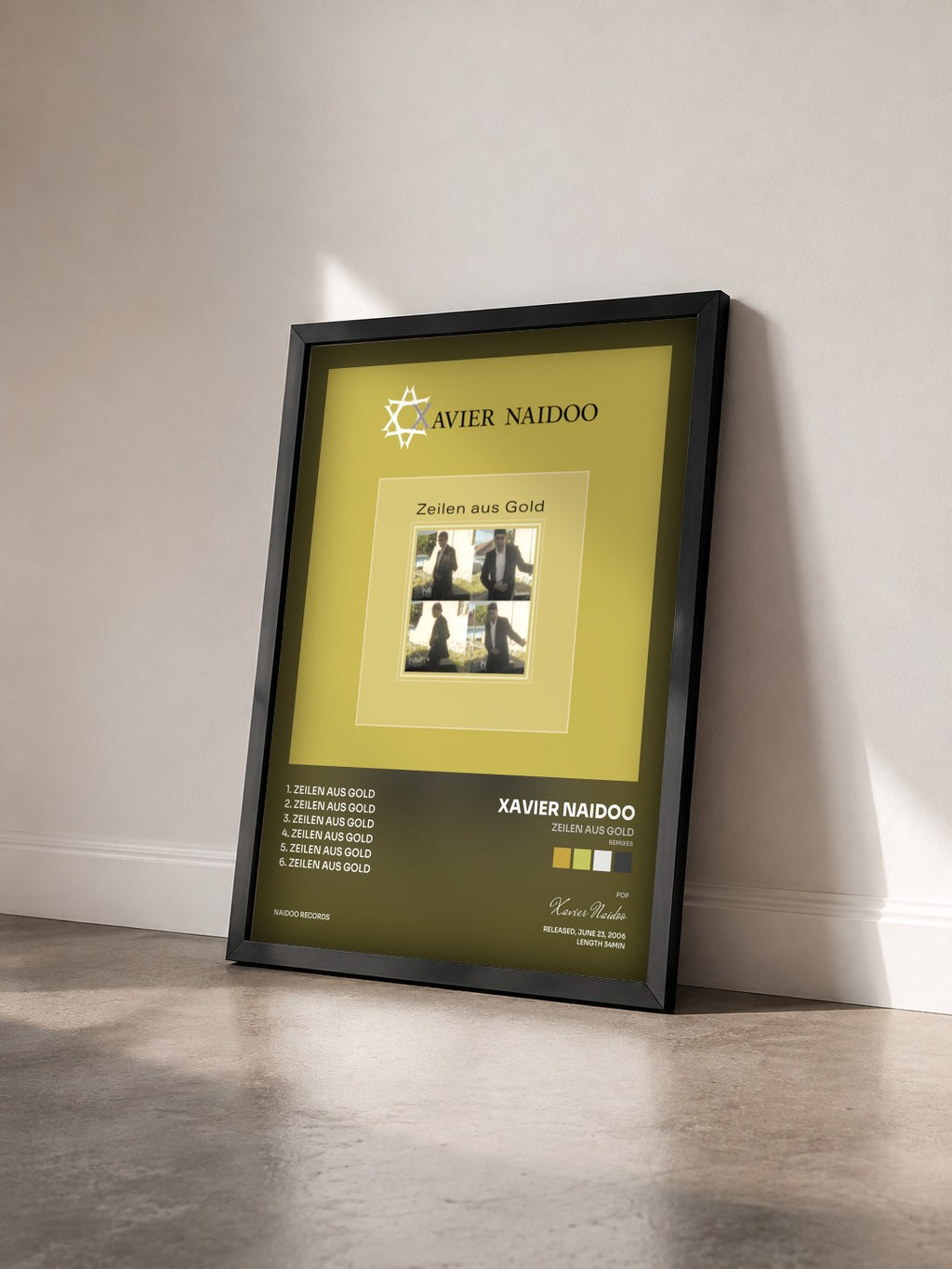 #noir Zeilen aus Gold (Remixes) di Xavier Naidoo in stampa incorniciata vista di tre quarti, cornice nera