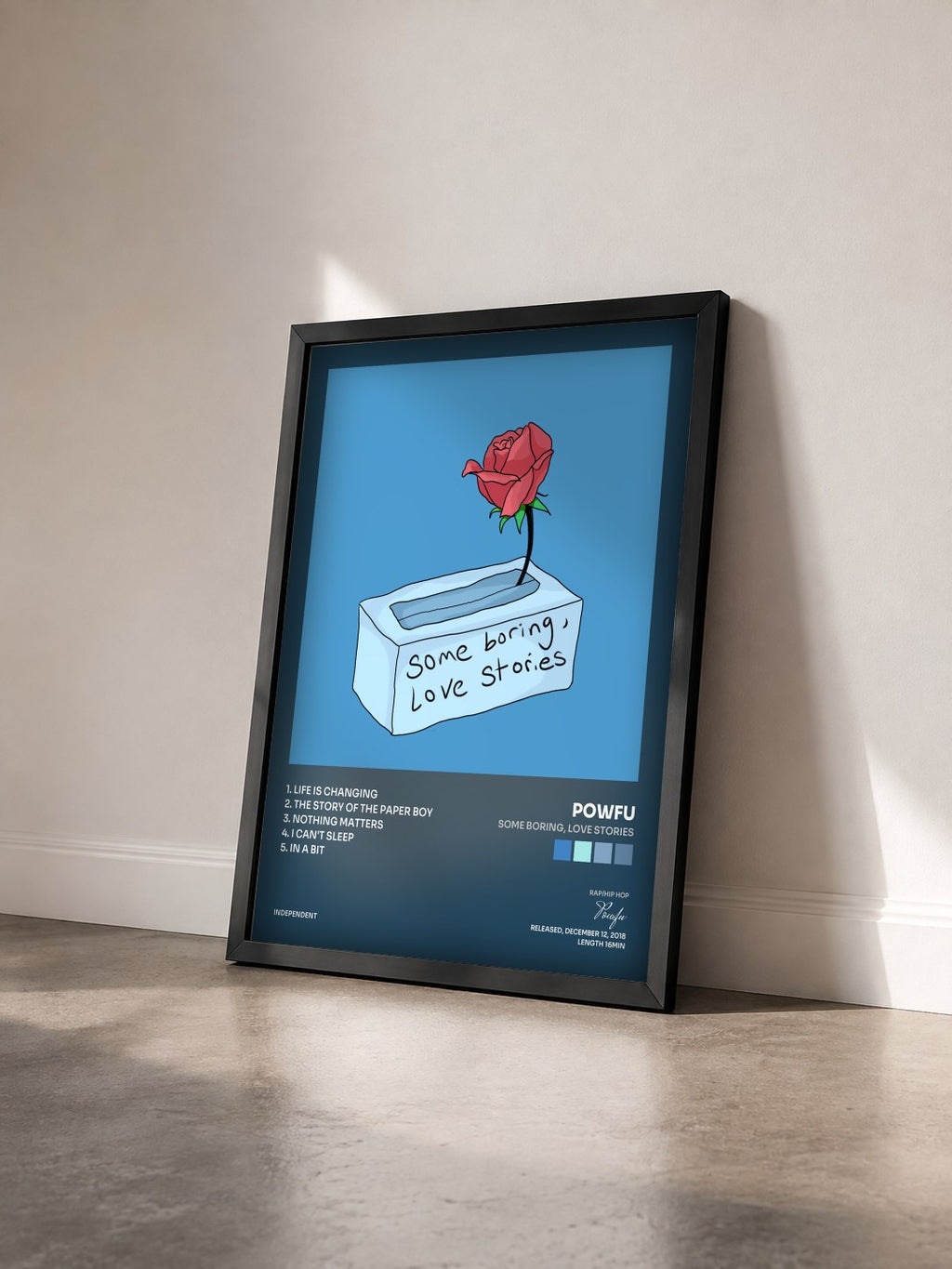 #noir Tableau de l'album Some Boring, Love Stories de Powfu vu de trois quarts, cadre noir
