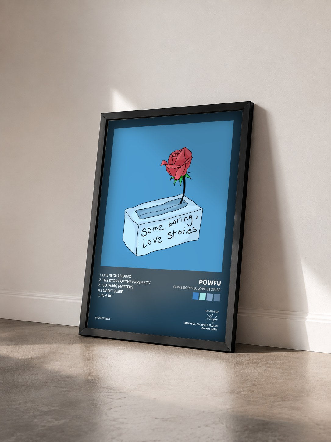 #noir Tableau de l'album Some Boring, Love Stories de Powfu vu de trois quarts, cadre noir
