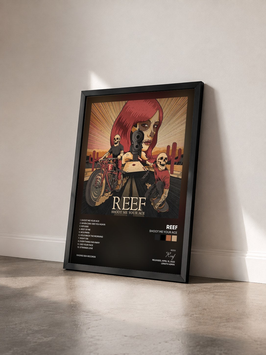 #noir Tableau de l'album Shoot Me Your Ace de Reef vu de trois quarts, cadre noir