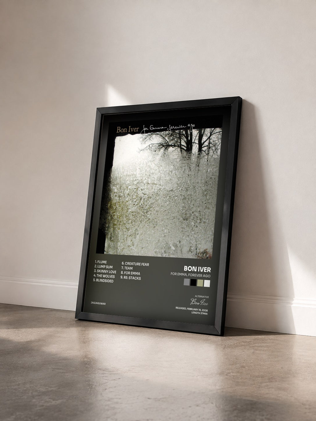 #noir Tableau de l'album For Emma, Forever Ago de Bon Iver vu de trois quarts, cadre noir