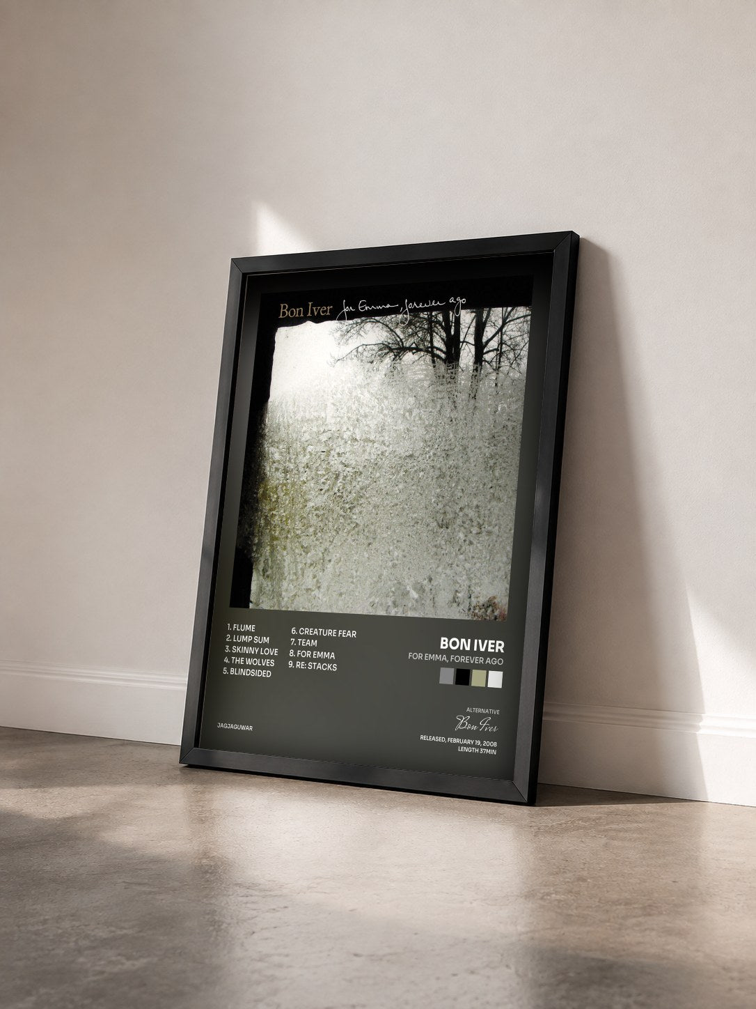 #noir Tableau de l'album For Emma, Forever Ago de Bon Iver vu de trois quarts, cadre noir