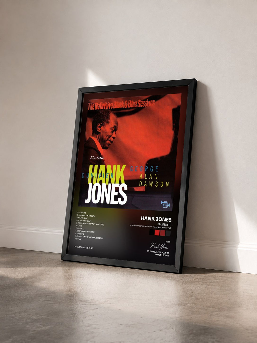 #noir Tableau de l'album Bluesette (London 1979) (The Definitive Black & Blue Sessions) de Hank Jones vu de trois quarts, cadre noir