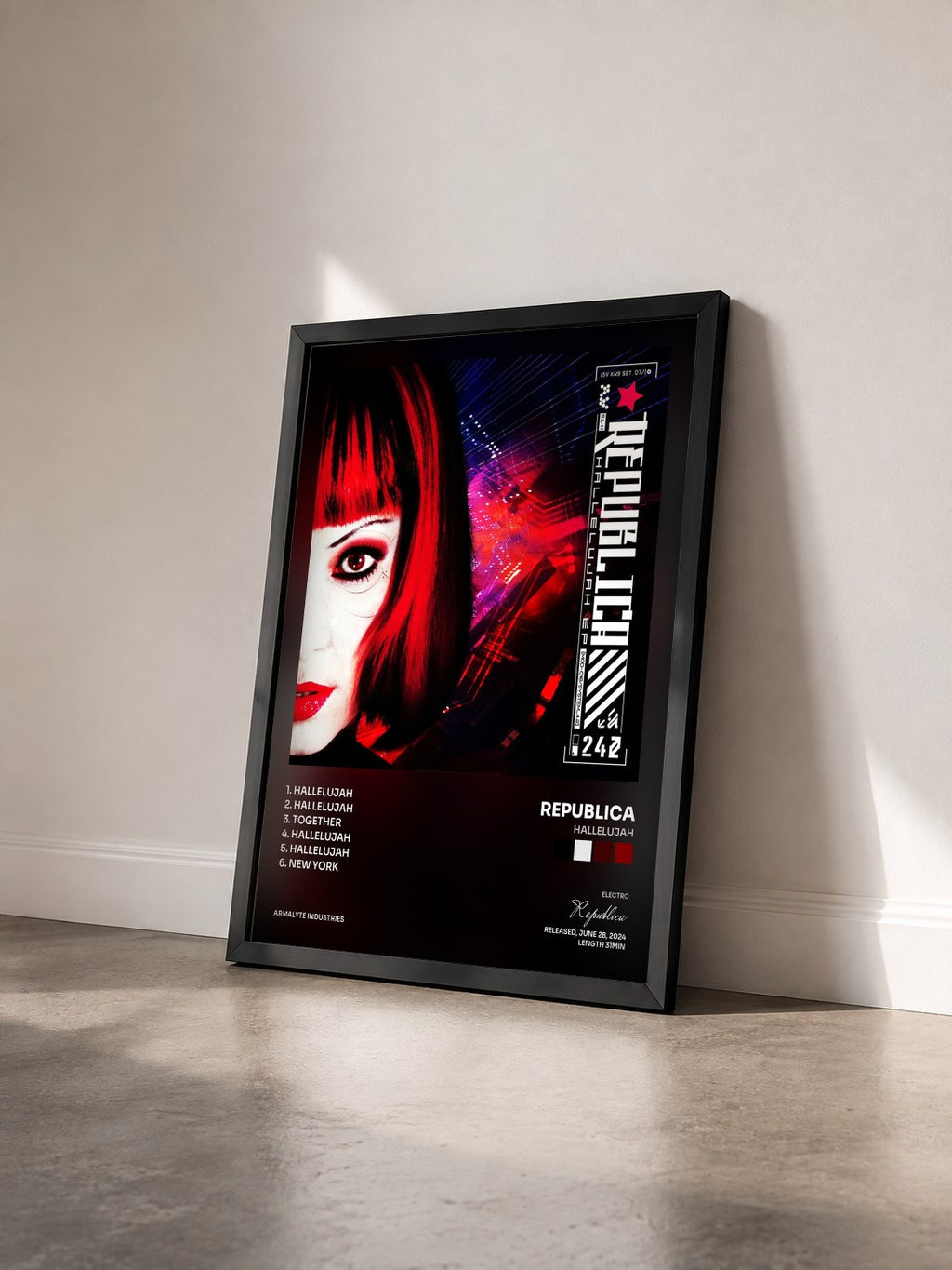 #noir Tableau de l'album Hallelujah de Republica vu de trois quarts, cadre noir