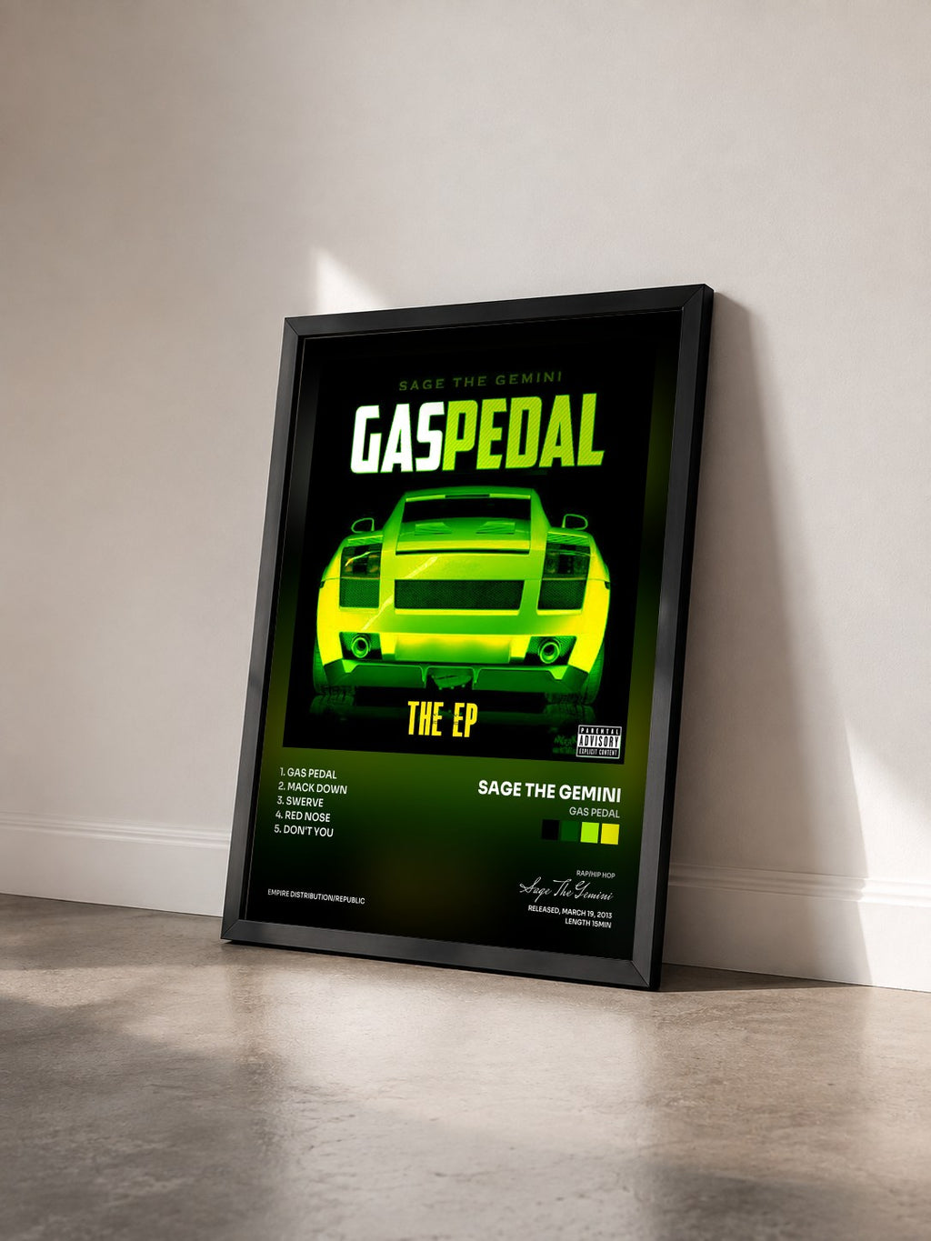 #noir Tableau de l'album Gas Pedal de Sage The Gemini vu de trois quarts, cadre noir