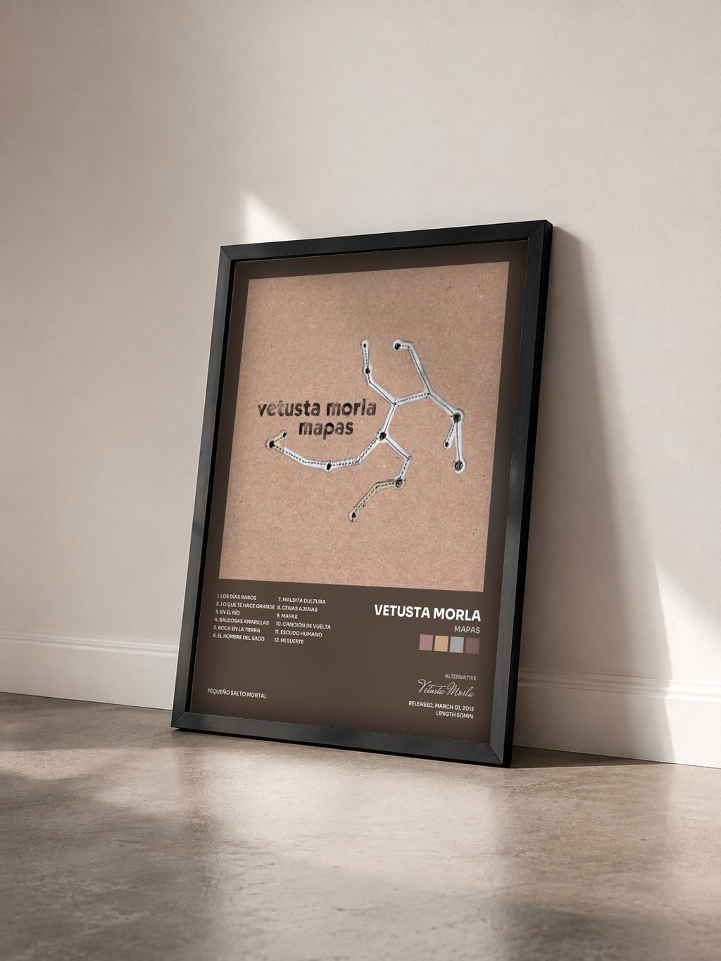 #noir Tableau de l'album Mapas de Vetusta Morla vu de trois quarts, cadre noir