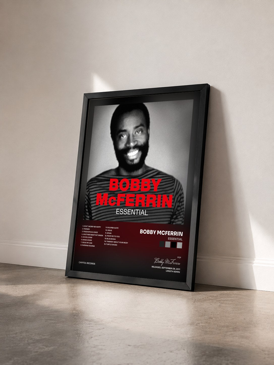 #noir Tableau de l'album Essential de Bobby McFerrin vu de trois quarts, cadre noir