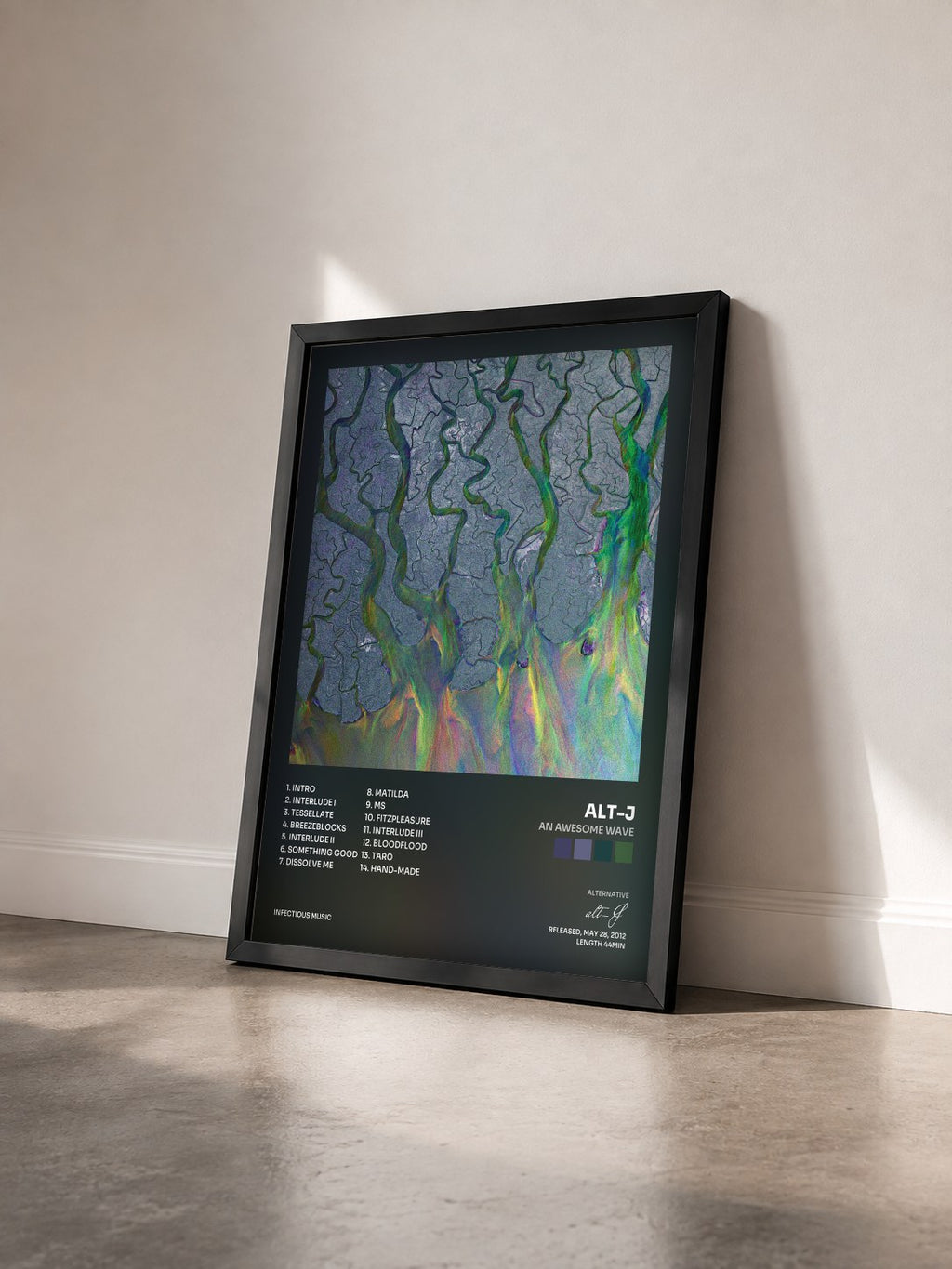 #noir Tableau de l'album An Awesome Wave de alt-J vu de trois quarts, cadre noir