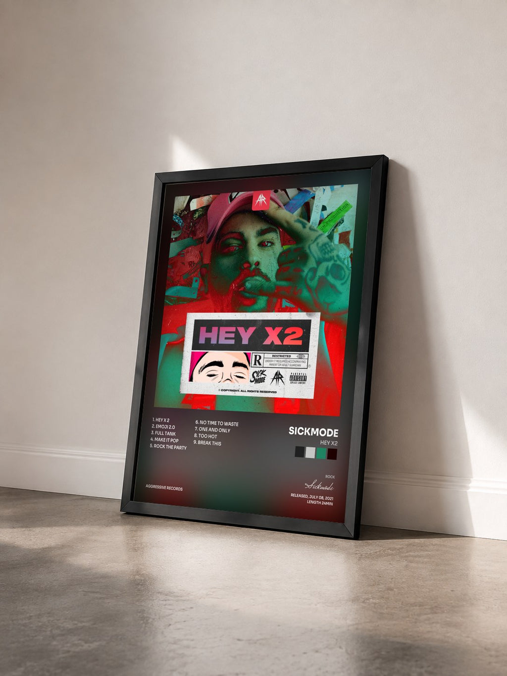 #noir Tableau de l'album HEY X2 de Sickmode vu de trois quarts, cadre noir