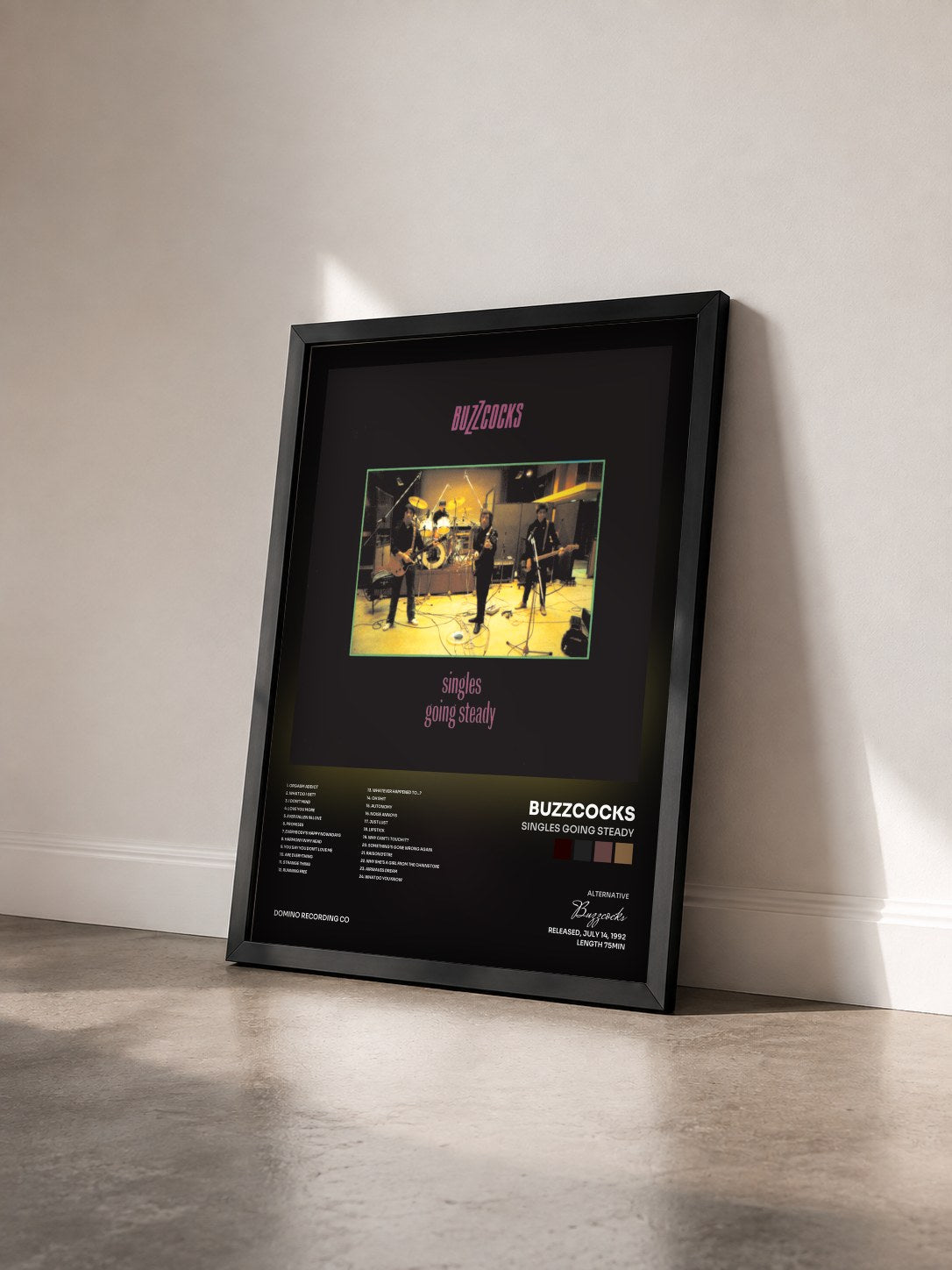 #noir Tableau de l'album Singles Going Steady de Buzzcocks vu de trois quarts, cadre noir