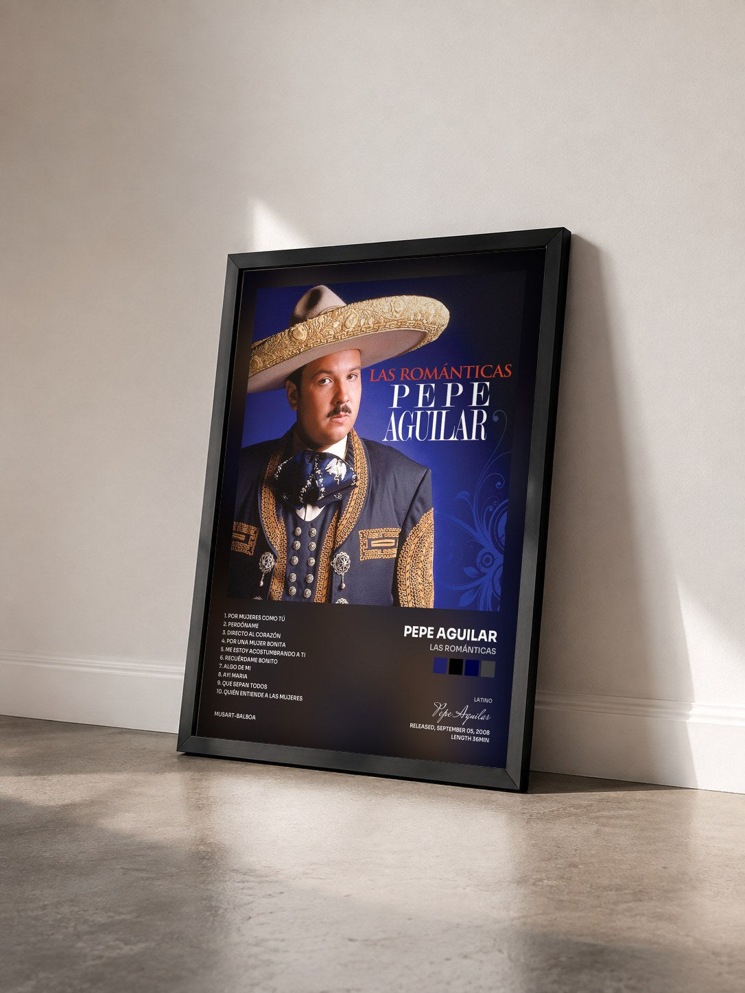 #noir Tableau de l'album Las Románticas de Pepe Aguilar vu de trois quarts, cadre noir