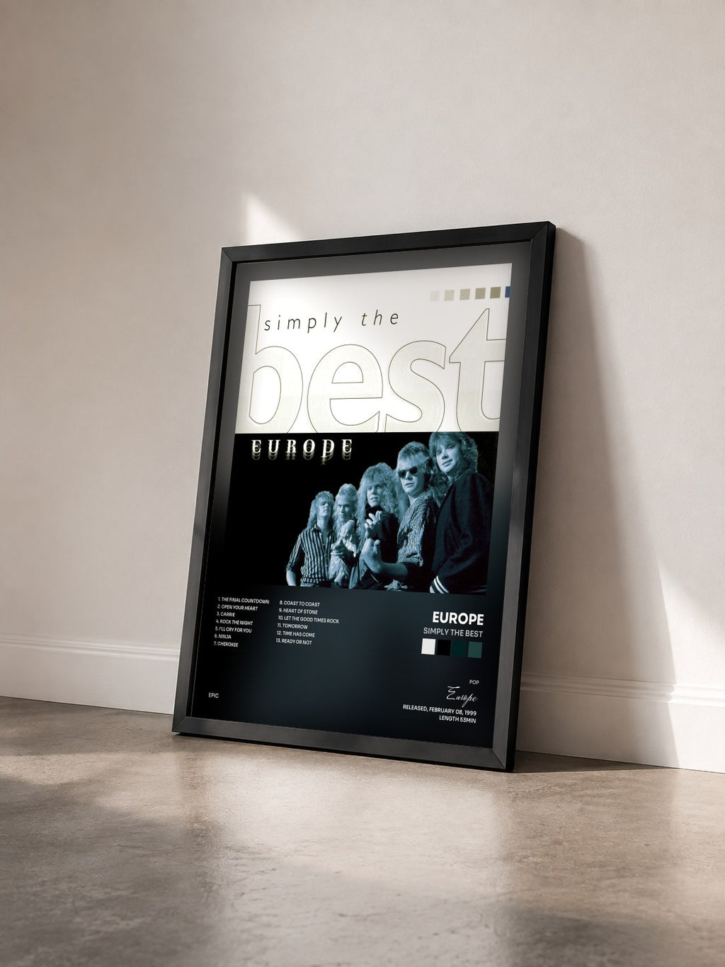 #noir Tableau de l'album Simply The Best de Europe vu de trois quarts, cadre noir