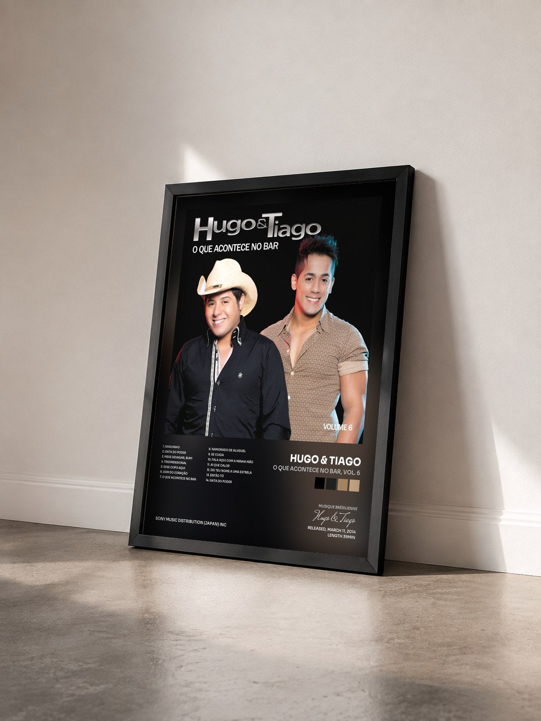 #noir Tableau de l'album O Que Acontece no Bar, Vol. 6 de Hugo & Tiago vu de trois quarts, cadre noir