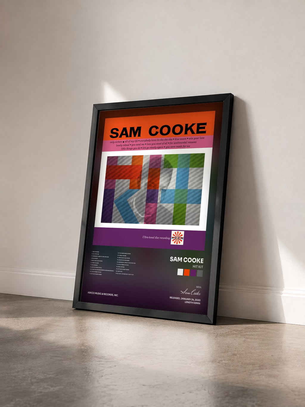 #noir Tableau de l'album Hit Kit de Sam Cooke vu de trois quarts, cadre noir