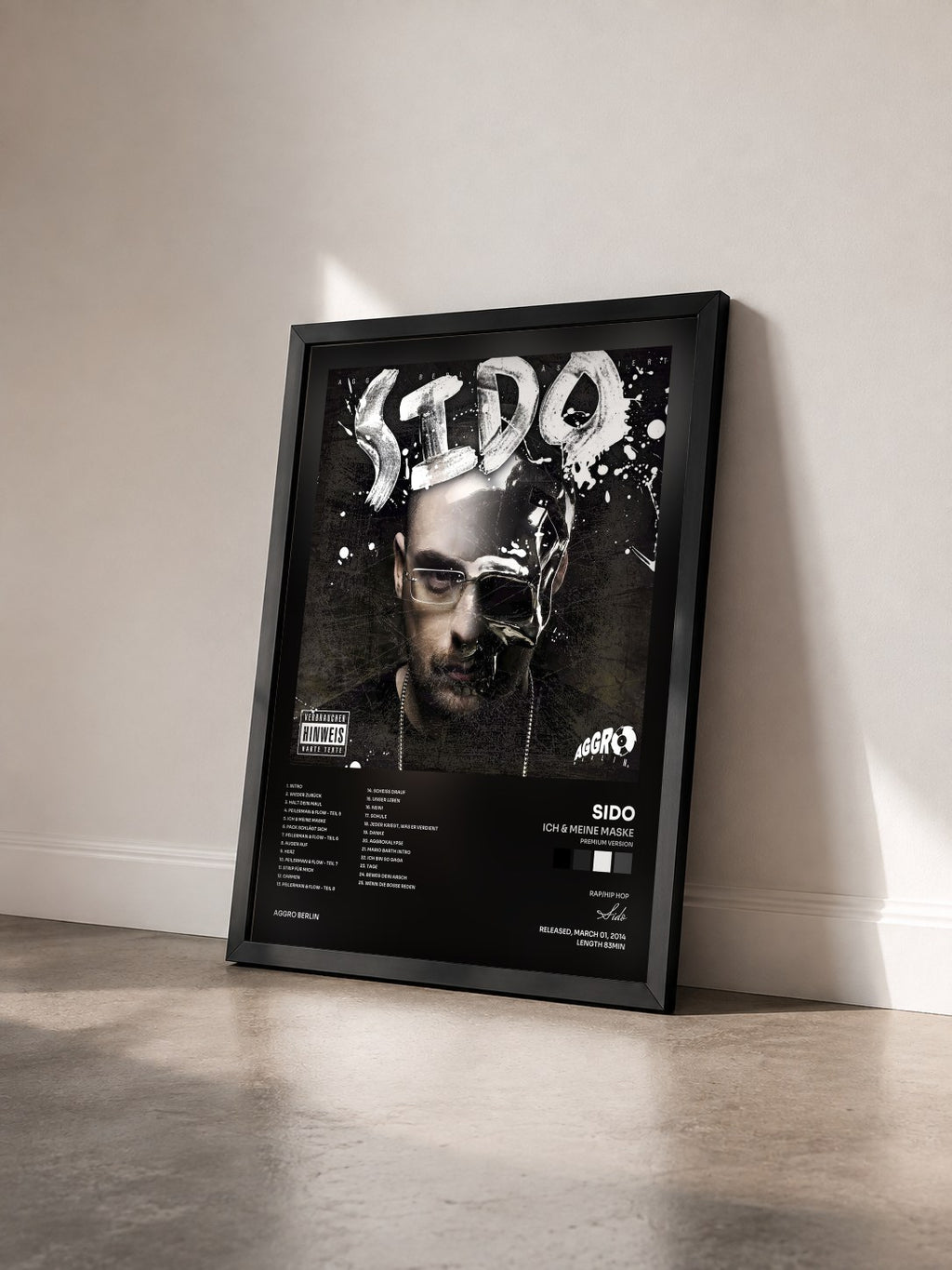 #noir Tableau de l'album Ich & meine Maske (Premium Version) de Sido vu de trois quarts, cadre noir