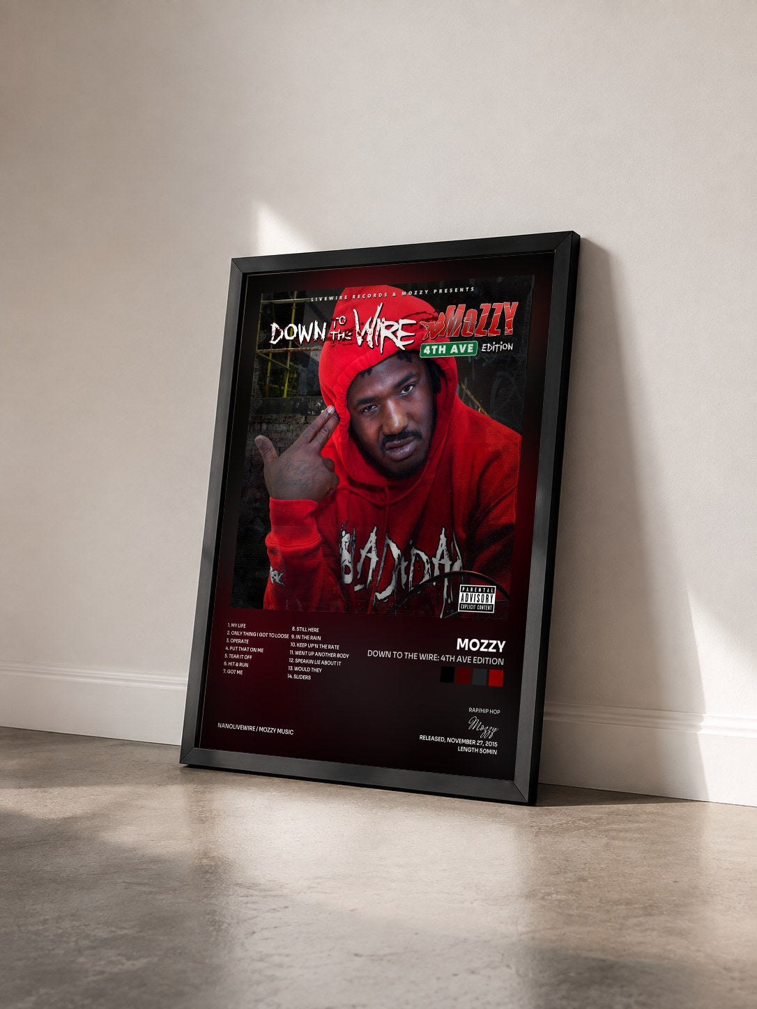 #noir Tableau de l'album Down to the Wire: 4th Ave Edition de Mozzy vu de trois quarts, cadre noir
