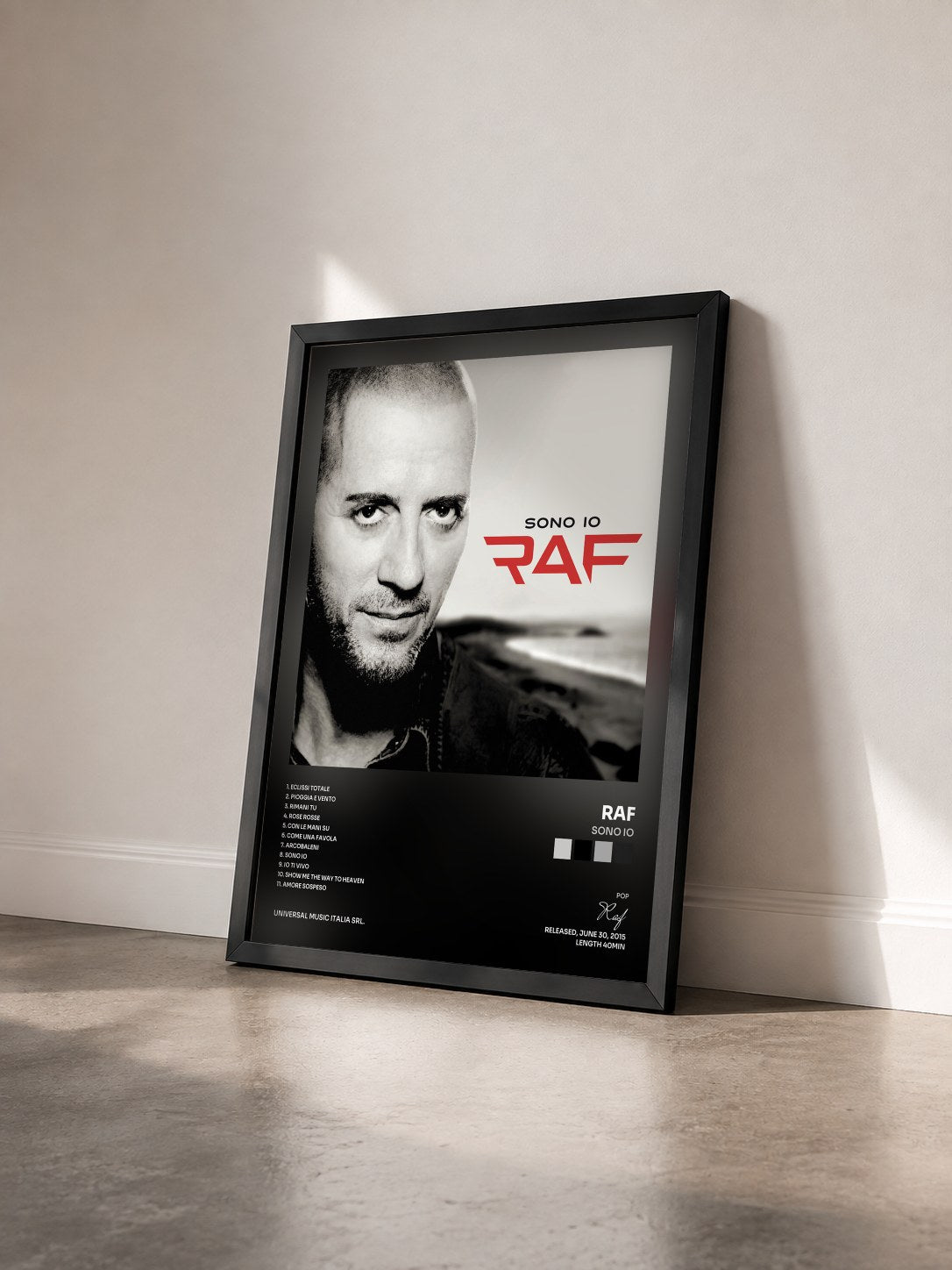 #noir Tableau de l'album Sono Io de Raf vu de trois quarts, cadre noir
