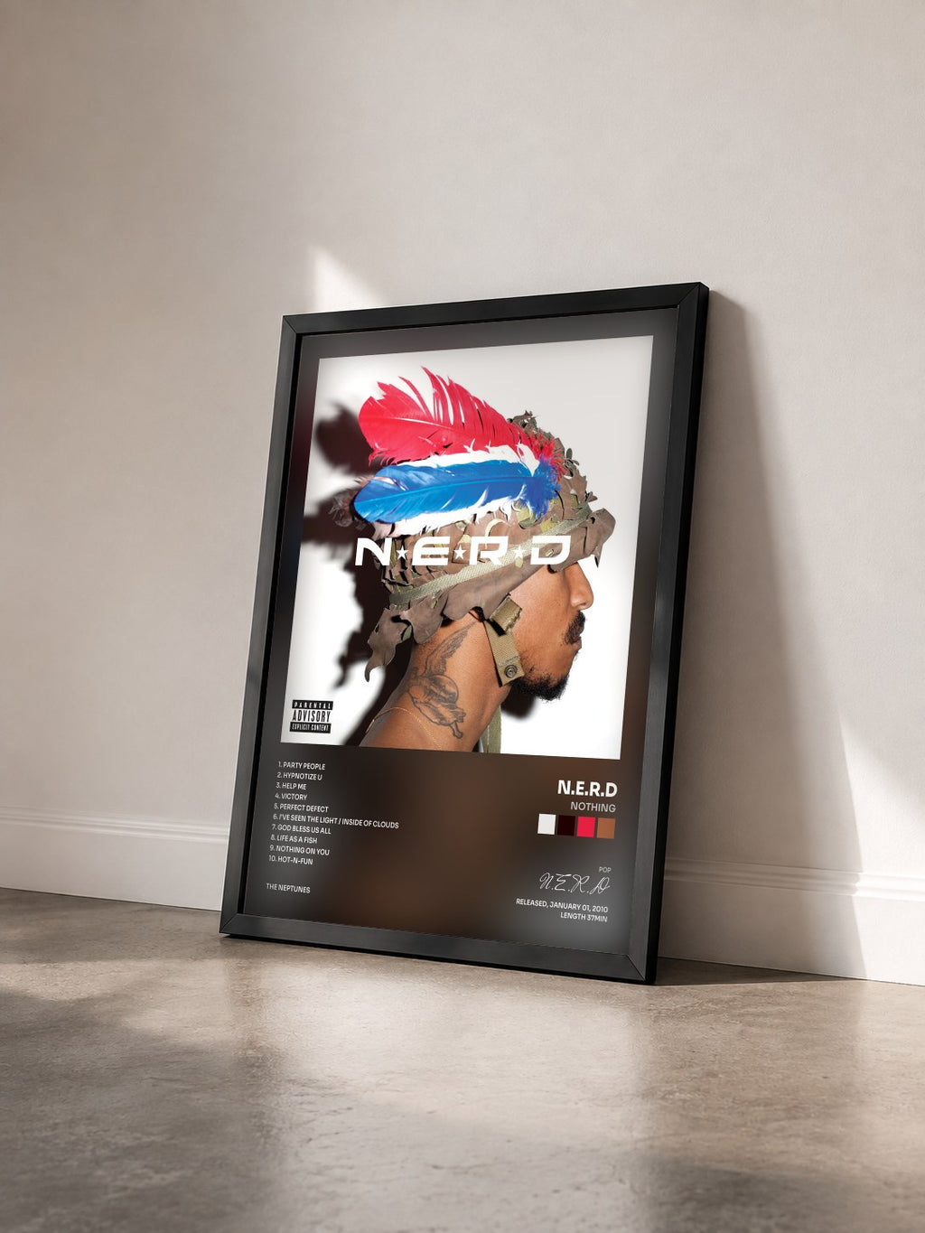 #noir Tableau de l'album Nothing de N.E.R.D vu de trois quarts, cadre noir