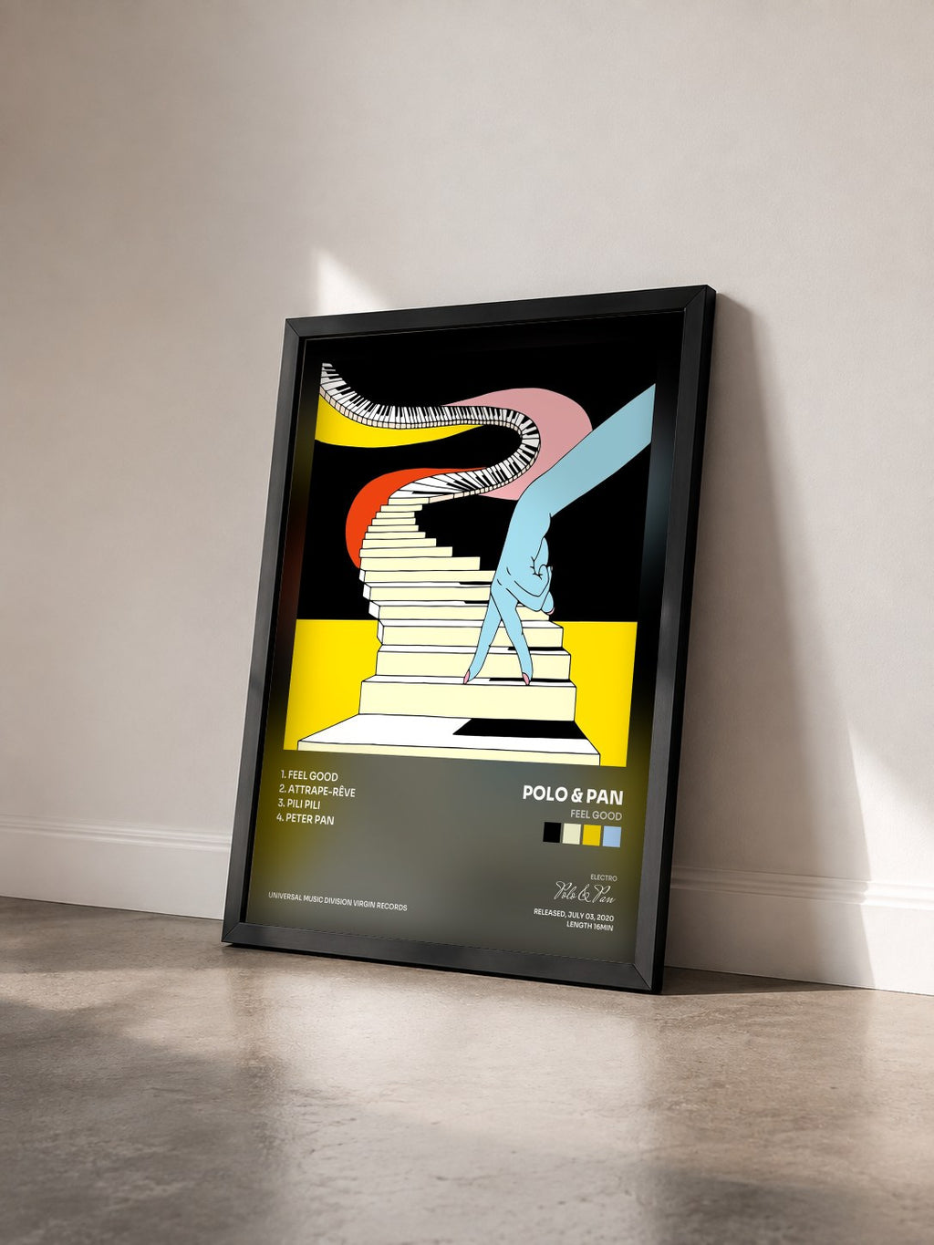 #noir Tableau de l'album Feel Good de Polo & Pan vu de trois quarts, cadre noir