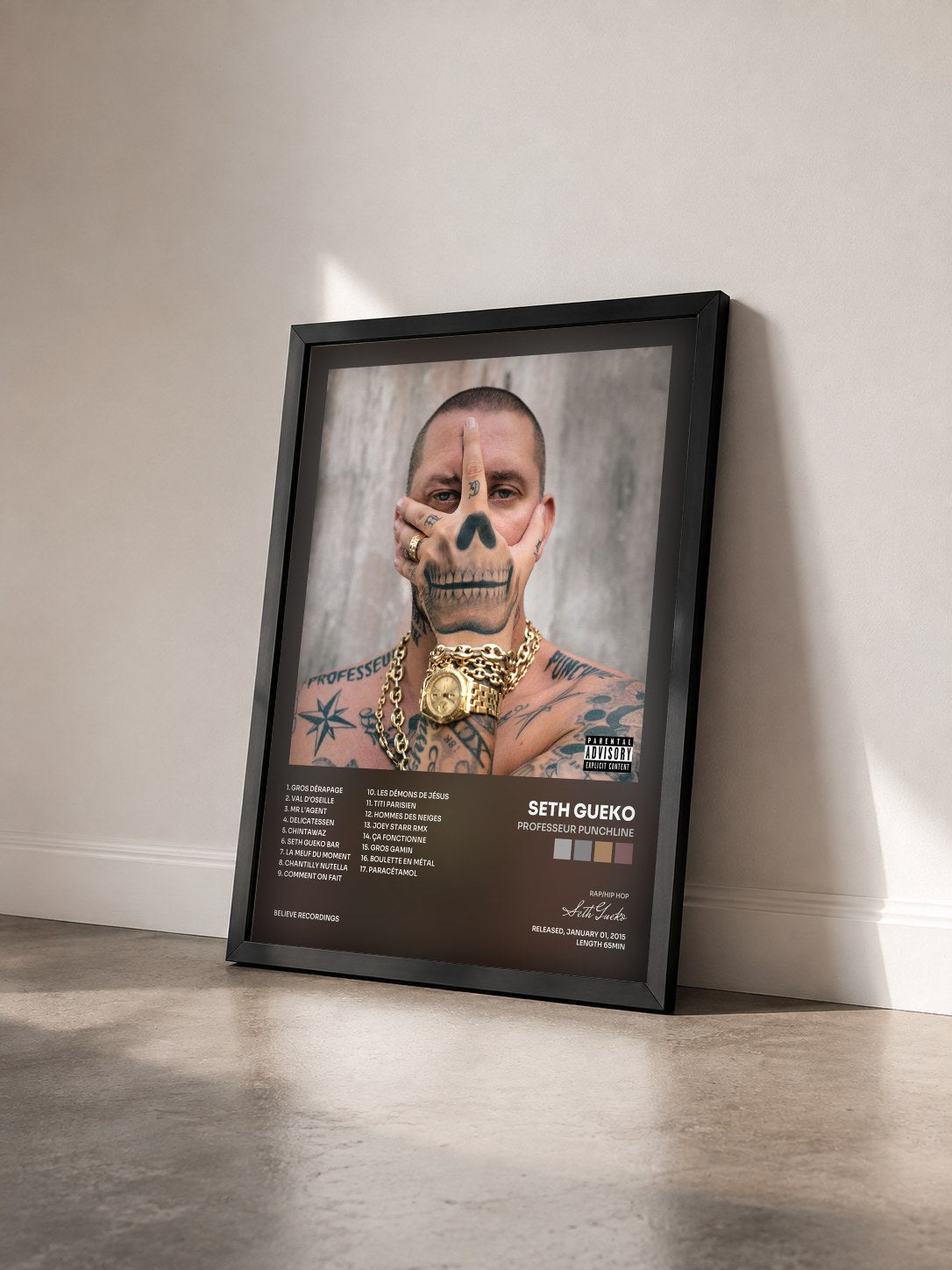 #noir Tableau de l'album Professeur Punchline de Seth Gueko vu de trois quarts, cadre noir