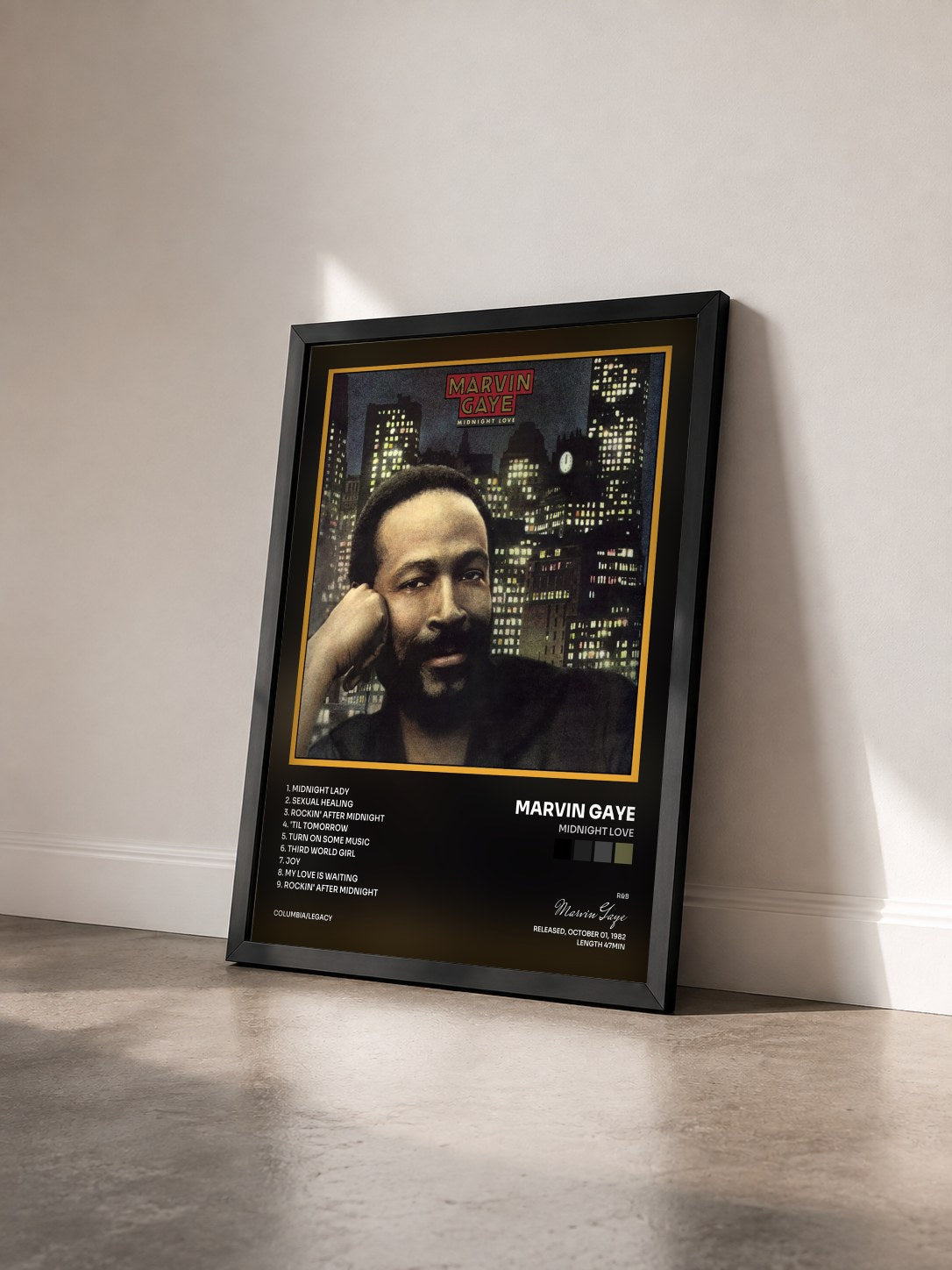 #noir Tableau de l'album Midnight Love de Marvin Gaye vu de trois quarts, cadre noir