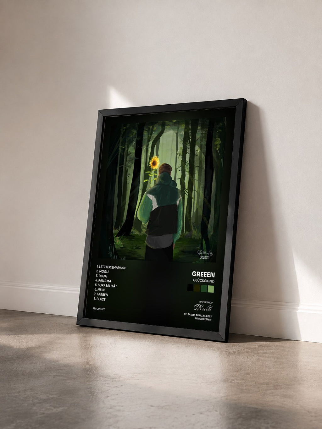 #noir Tableau de l'album Glückskind de GReeeN vu de trois quarts, cadre noir