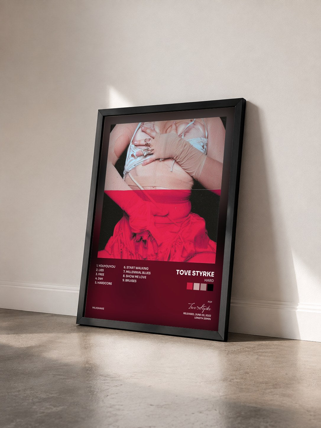 #noir Tableau de l'album HARD de Tove Styrke vu de trois quarts, cadre noir