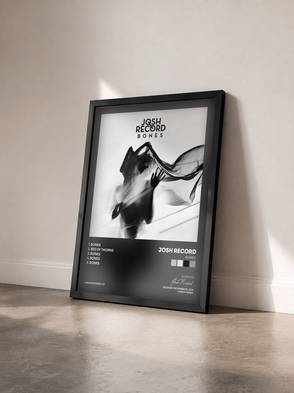 #noir Tableau de l'album Bones de Josh Record vu de trois quarts, cadre noir