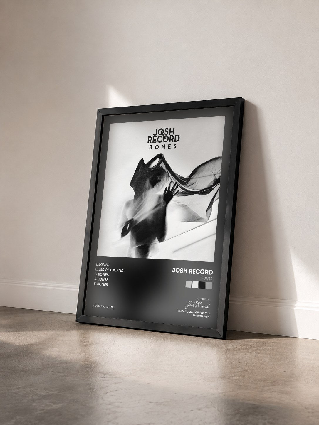 #noir Tableau de l'album Bones de Josh Record vu de trois quarts, cadre noir