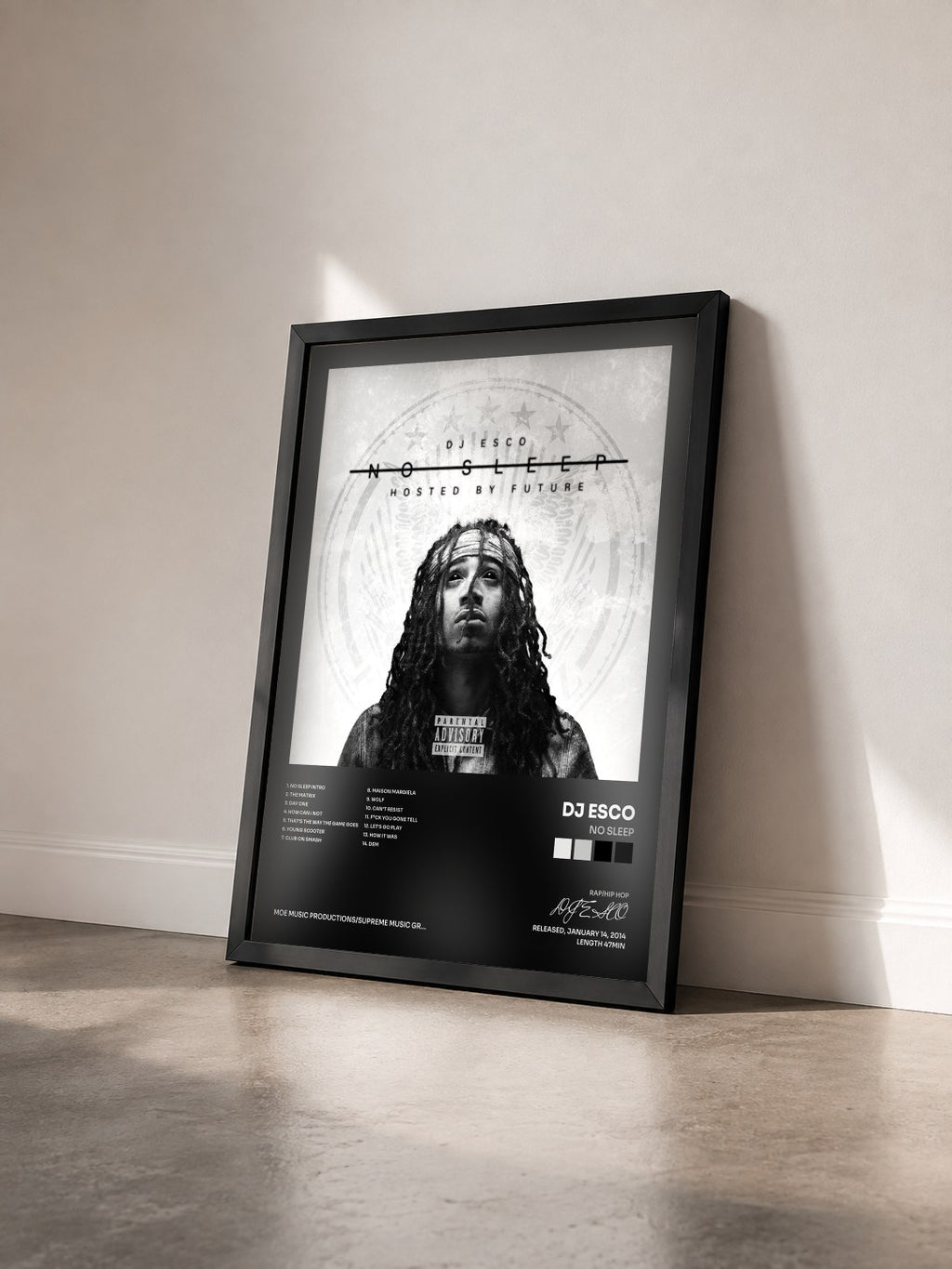 #noir Tableau de l'album No Sleep de DJ ESCO vu de trois quarts, cadre noir