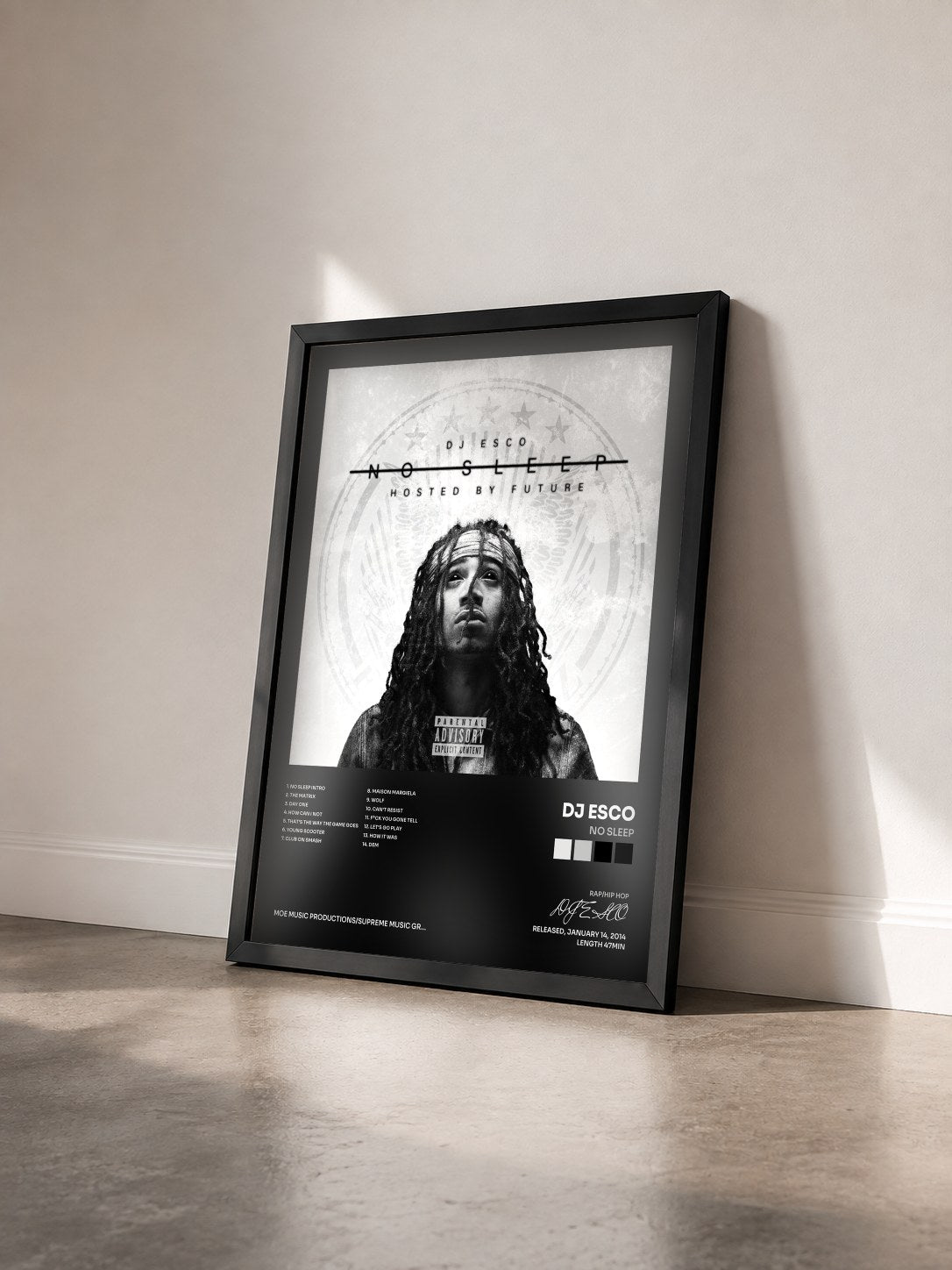 #noir Tableau de l'album No Sleep de DJ ESCO vu de trois quarts, cadre noir