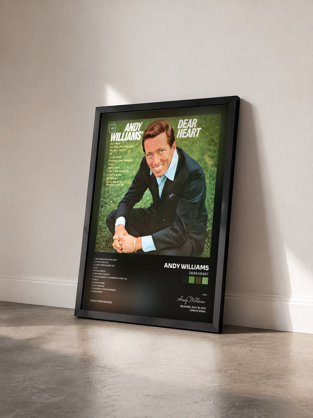 #noir Tableau de l'album Dear Heart de Andy Williams vu de trois quarts, cadre noir