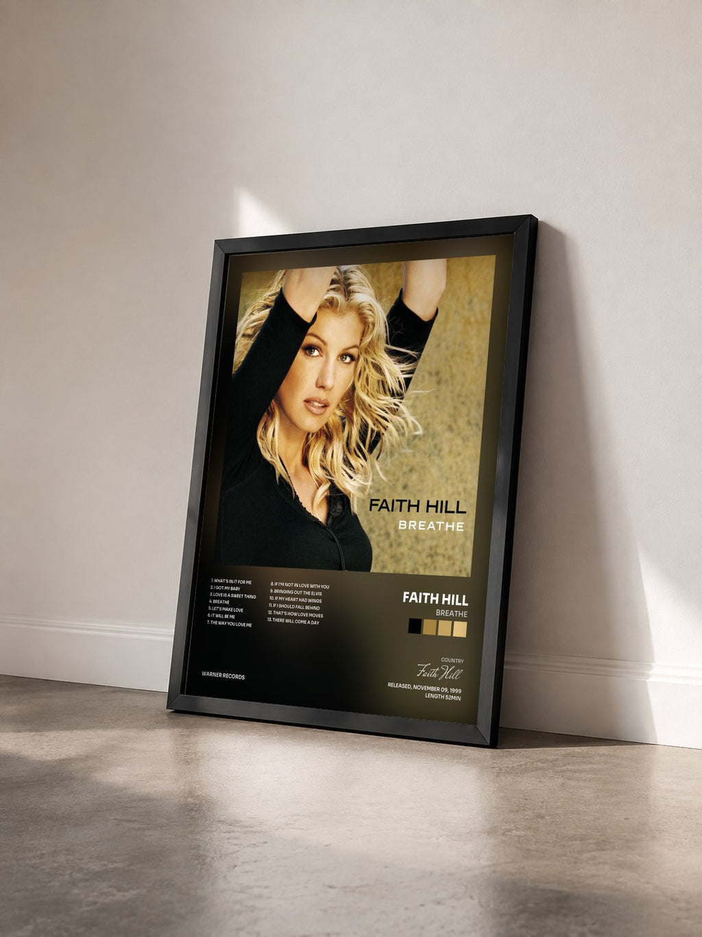 #noir Tableau de l'album Breathe de Faith Hill vu de trois quarts, cadre noir
