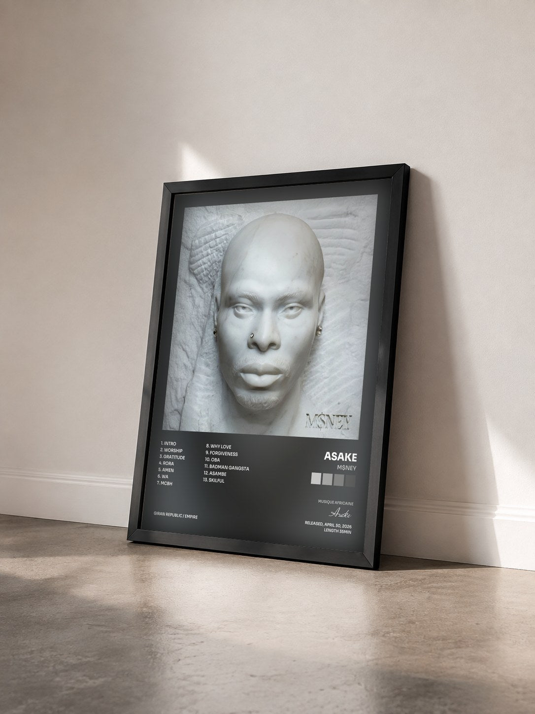 #noir Tableau de l'album M$NEY de Asake vu de trois quarts, cadre noir