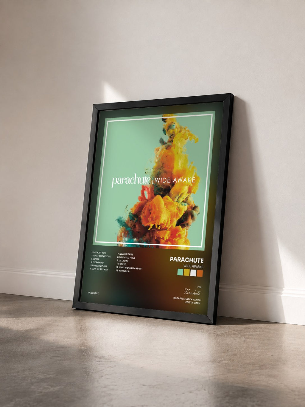 #noir Tableau de l'album Wide Awake de Parachute vu de trois quarts, cadre noir