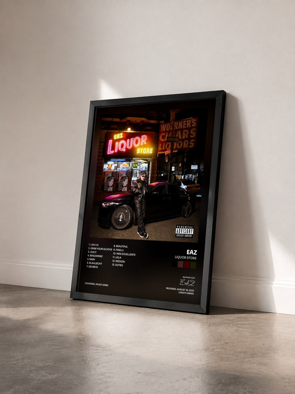 #noir Tableau de l'album Liquor Store de EAZ vu de trois quarts, cadre noir