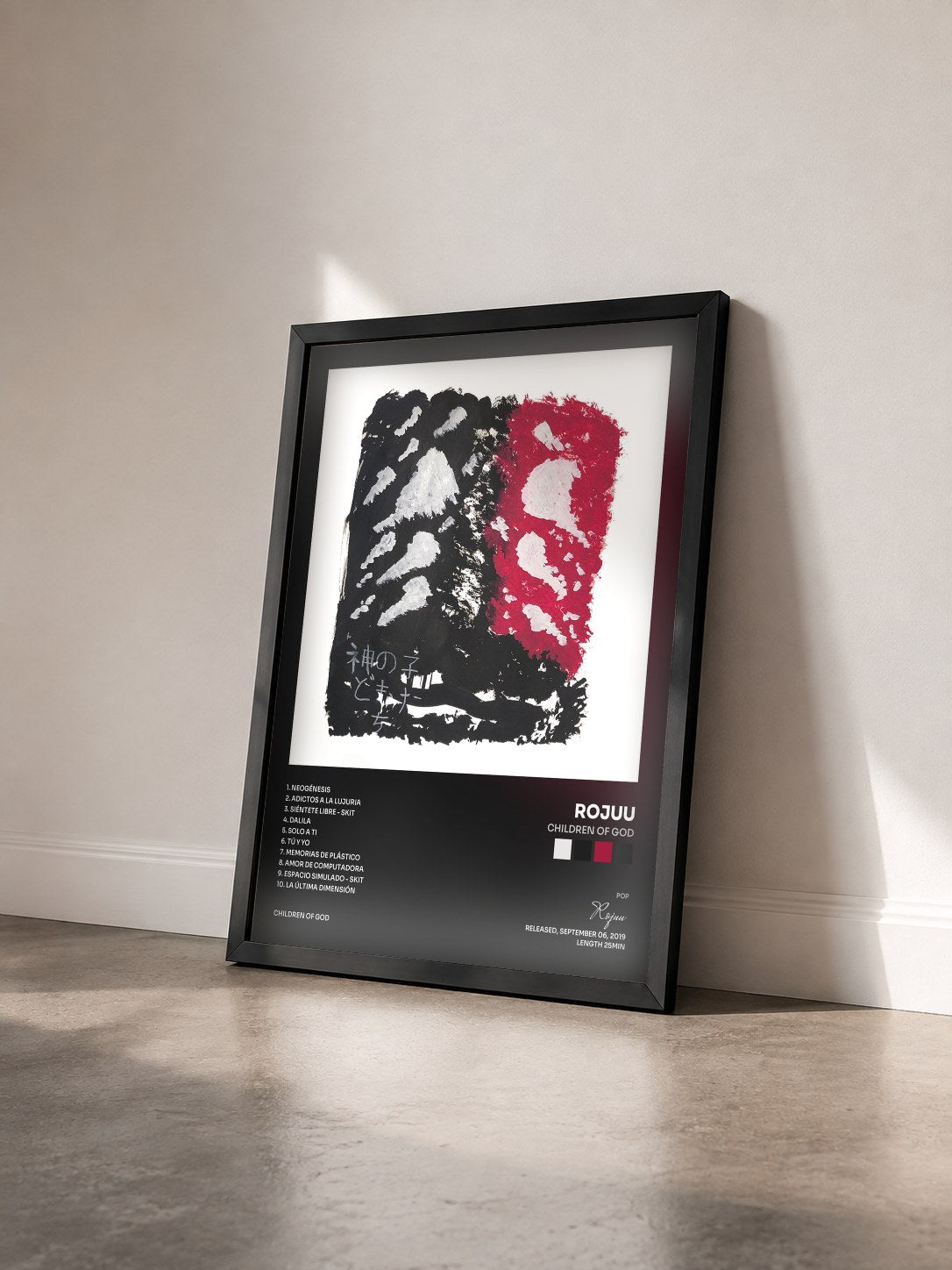 #noir Tableau de l'album Children Of God de Rojuu vu de trois quarts, cadre noir